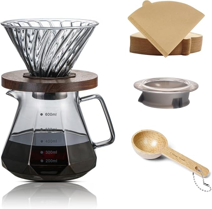 Pour Over Coffee Maker Set 20 oz, 600 ml Borosilicate Glass Coffee Server with Glass Lid, 50 pcs Paper Filter, Walnut Handle Pour Over Coffee Dripper for Home Café Restaurant,Gray