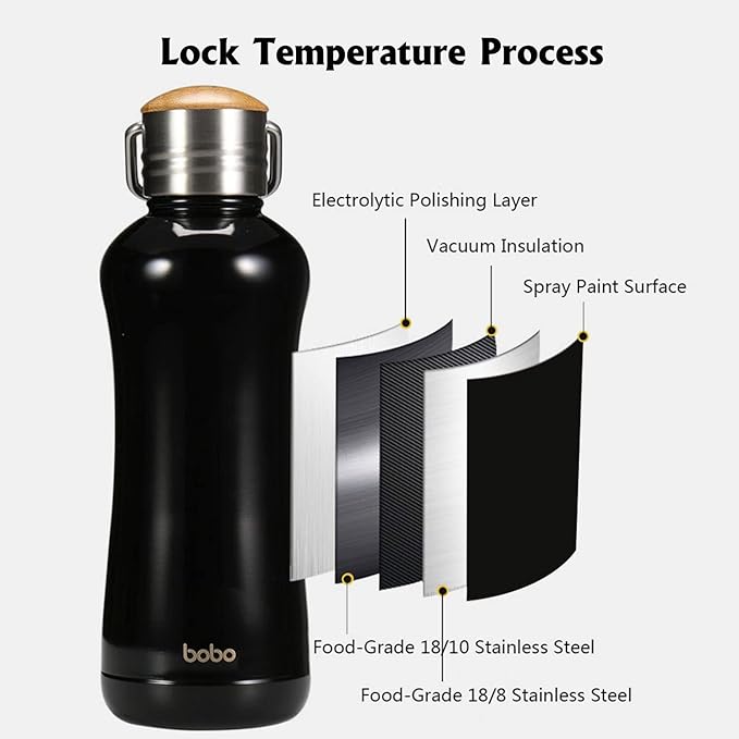 YOHKOH Mini Insulated Water Bottle With Bamboo Lid - 11.8oz Small Vacuum Insulated Water Bottle for Women Kids, 12 Hrs Hot & 24 Hrs Cold Stainless Steel Thermos Leak-Proof BPA-Free (11.8oz,Black)
