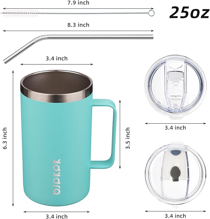 BJPKPK Insulated Coffee Mug with 2 Lids, 25oz Stainless Steel Insulated Tumbler with Handle, Double Wall Vacuum Coffee Cups, BPA Free Travel Mug for Coffee, Tea and Drinks, Turquoise