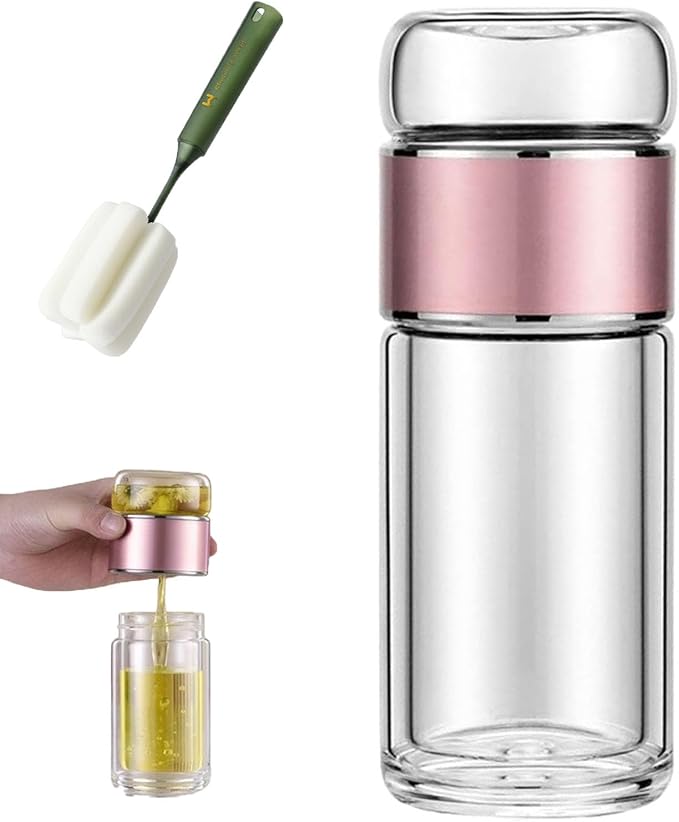 QUROXO 2025 New Tryteava Glass Infuser, Teava 3-In-1 Smart Tea Infuser with Cup Brush, Double-Layer Borosilicate Glass Tryteava Tea infusers Separation Cup (Pink, 280ml (9.5oz))