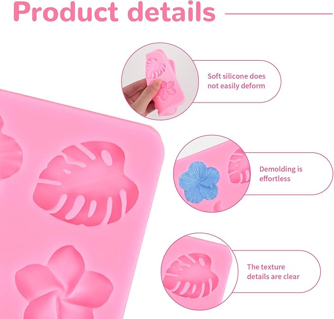 2 Pcs Tropical Flowers and Leaves Silicone Mold Set Plumeria,Hibiscus,Monstera Leaf for Diy Chocolate,Candy,Gummy Molds,Fondant,Cupcake Topper,Hawaiian Party Decoration(Pink)