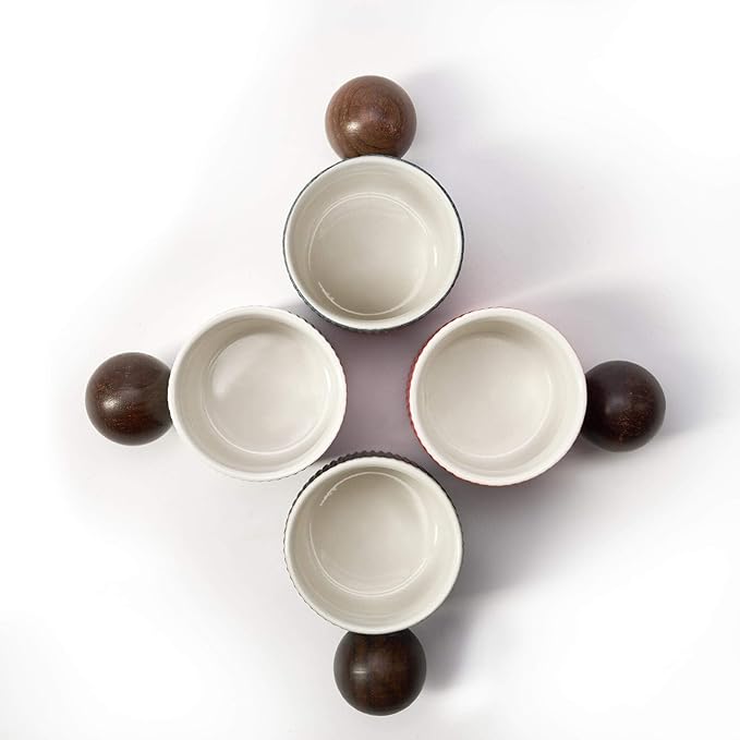 Ceramic Mini Espresso Cups Demitasse Cups with Round Wooden Handle Vertical Stripes Tea Cups (white, 4pcs)
