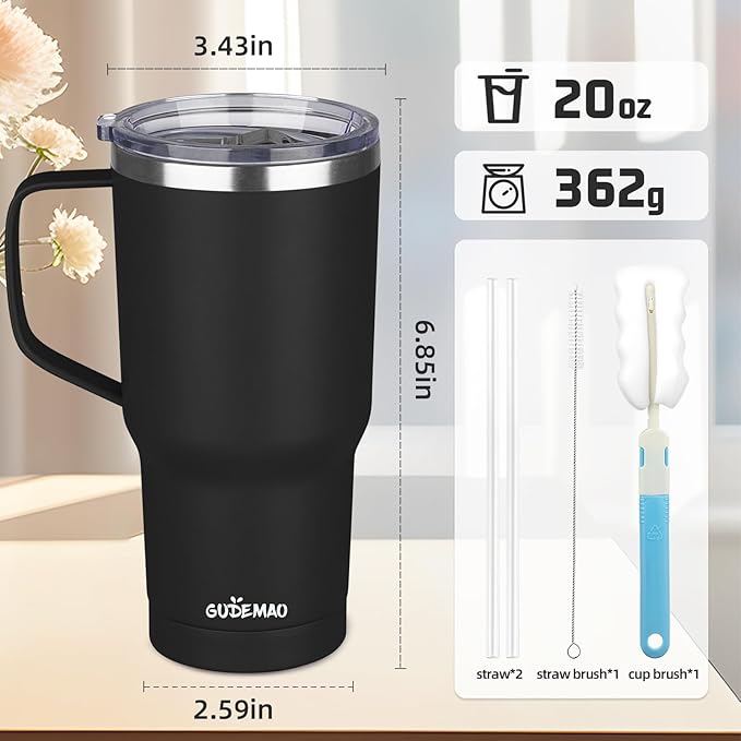 20 oz Insulated Coffee Mug with Ceramic Coating, Stainless Steel Travel Mug Tumbler with Handle Lid and Straw, Double Wall Leak-Proof Coffee Travel Mug Keeps Drink Hot and Cold (Black)