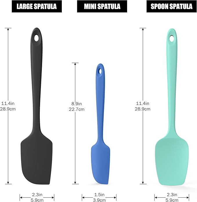 3-Piece Silicone Spatula Scrapers: Doosu 600°F Heat Resistant Food Grade Kitchen BPA Free Rubber Baking Cooking Tool Nonstick Utensil Set for Mixing, Scraping, Folding, Stirring, Serving (Multi-3)