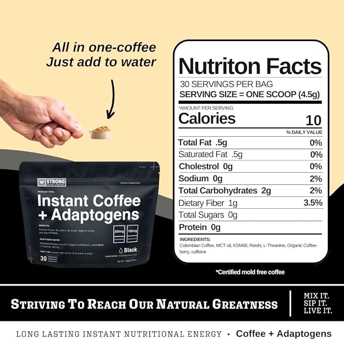 STRONG COFFEE COMPANY Organic Instant Black Coffee - Individual Servings, Extreme Focus, Adaptogen Coffee, No Jitters, No Crash (1, 30 Packets)