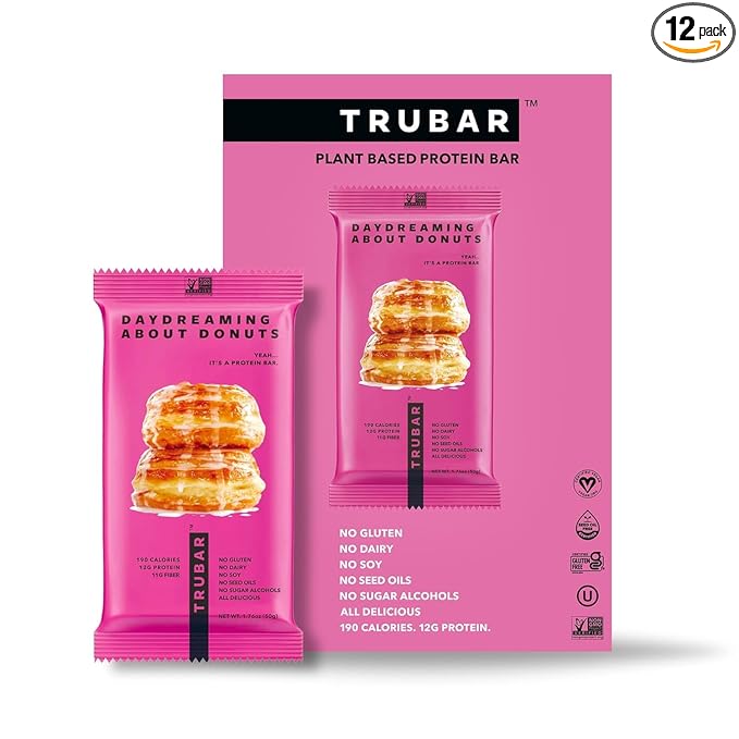 TRUBAR Vegan Protein Bar, Daydreaming About Donuts, Gluten Free, Plant Based, High Fiber, Dairy Free, Non GMO, Low Fat, No Sugar Alcohols, 12G Lean Protein, 13G Fiber, Healthy Snack Bars, 12 CT
