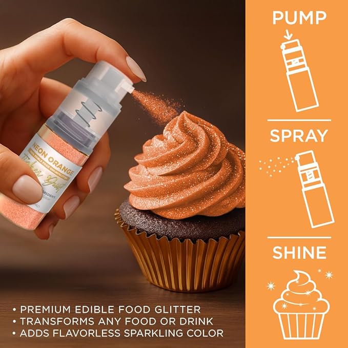 Bakell - Neon Orange Tinker Dust (4g, 1x Mini Spray Pump) Edible Glitter for Food, Desserts, and Beverages!