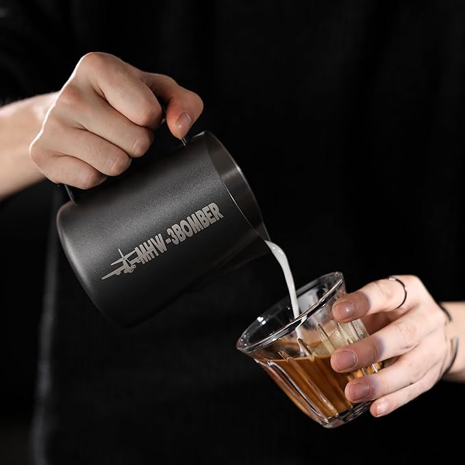 MHW-3BOMBER Milk Frothing Pitcher, 16oz/450ml Milk Frother Cup for Barista, SUS304 Stainless Steel Espresso Steaming Pitchers for Milk/Coffee/Latte Art, Matte Black, P3025B-OS