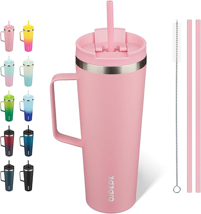 BJPKPK Insulated Tumbler with Handle, 26oz Insulated Tumblers with Lid and Straw, Stainless Steel Metal Water Bottles, Coffee Travel Mugs, Cups, Light Pink