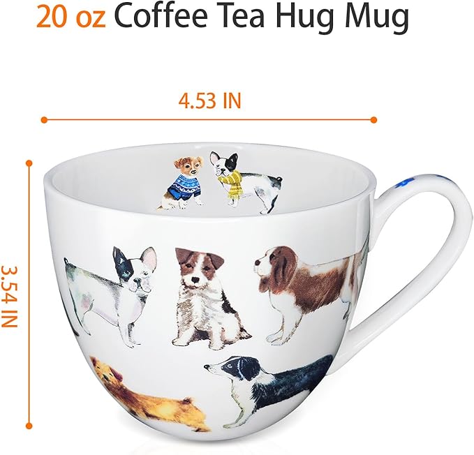 Cute Dog Mugs for Daily Coffee and Tea, Premium 20 oz Bone China Coffee Tea Hug Mug, Perfect Holiday and Birthday Gift for Dog Lovers, Designed in England by Harvest Green Studio
