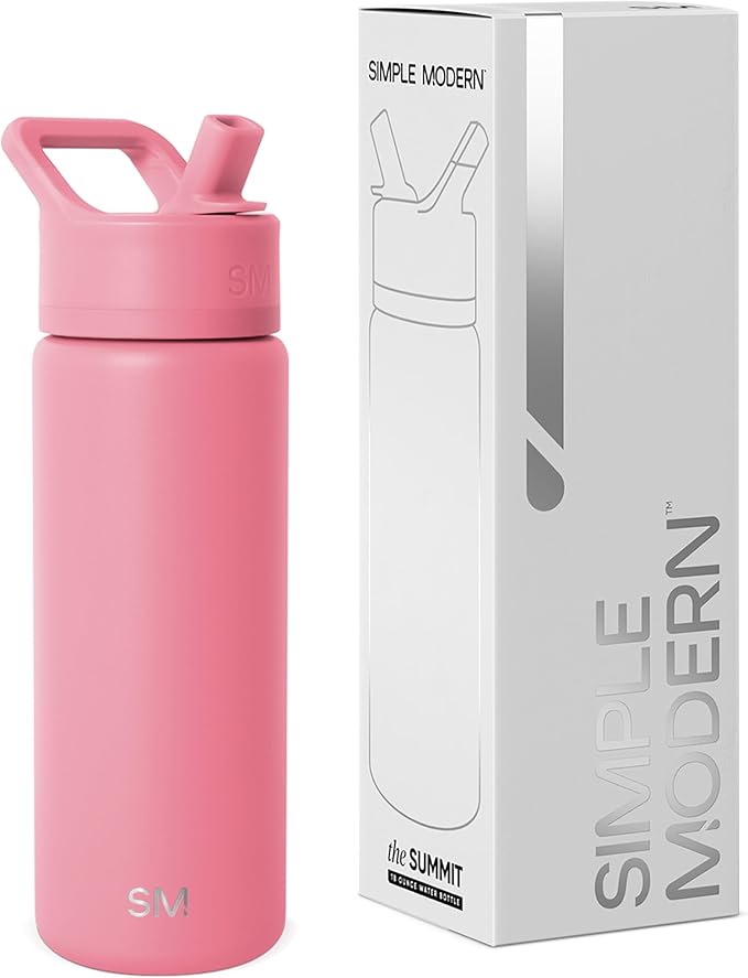 Simple Modern Kids Water Bottle with Straw Lid | Vacuum Insulated Stainless Steel Metal | Reusable Leak Proof BPA-Free Thermos for School | Summit Collection | 18oz, Velvet Pink