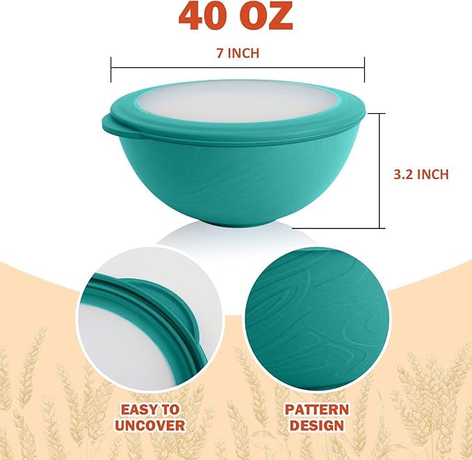 wheat straw bowls set of 4,40oz unbreakable salad bowl set with cover,alternative plastic bowls with cover for kitchen,party,camping and picnic. Green
