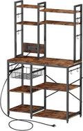 Standing Kitchen Baker’s Rack, Bakers Rack with Power Outlet, 6-Tier Microwave Stand, Coffee Bar with 12 S-Shaped Hooks, Kitchen Shelf with Storage, Coffee Bar Station, for Rustic Brown