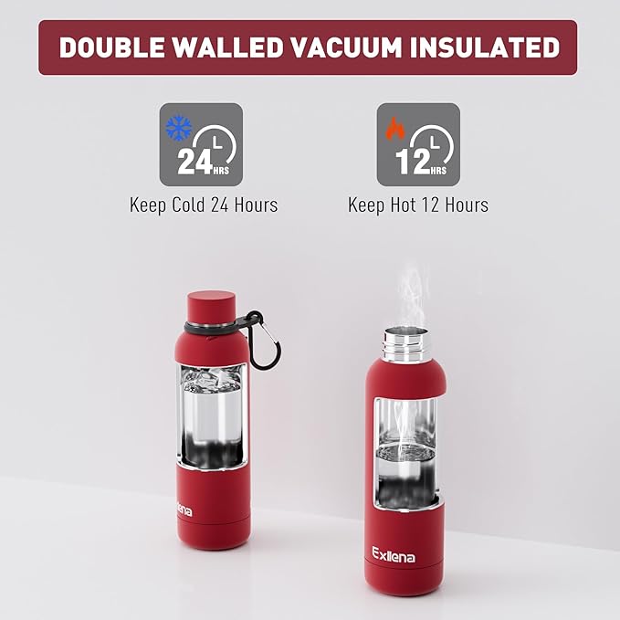 Slim Insulated Water Bottles for Travel 18oz with Clip, Double Wall Vacuum Stainless Steel Water Bottle Keeps Drinks Cold 24 Hrs/Hot 12 Hrs, 100% Leakproof, BPA Free（Red）