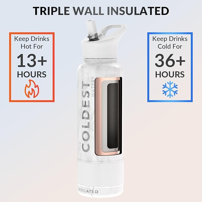Coldest Insulated Water Bottle with Straw Lid - Stainless Steel Metal Insulated Bottle for Men & Women (Carrara Marble, 40 oz)