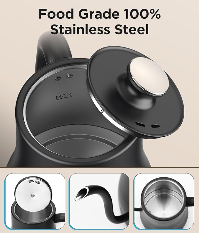 Gooseneck Electric Kettle with Temperature Control, 27oz/0.8L Fast Heat Electric Kettle for Pour Over Coffee/Tea, Auto Shut Off & Boil-Dry Protection, 4hrs Keep Warm, Stainless Steel Inner,Matte Black