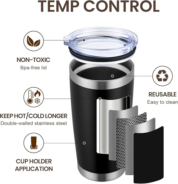 MEWAY 20oz Tumbler Cup Double Wall Vacuum Insulated Travel Mug Bulk, Stainless Steel Tumblers with Lid and Straw, Durable Powder Coated Coffee Cups for Cold & Hot Drinks (Black, 1)