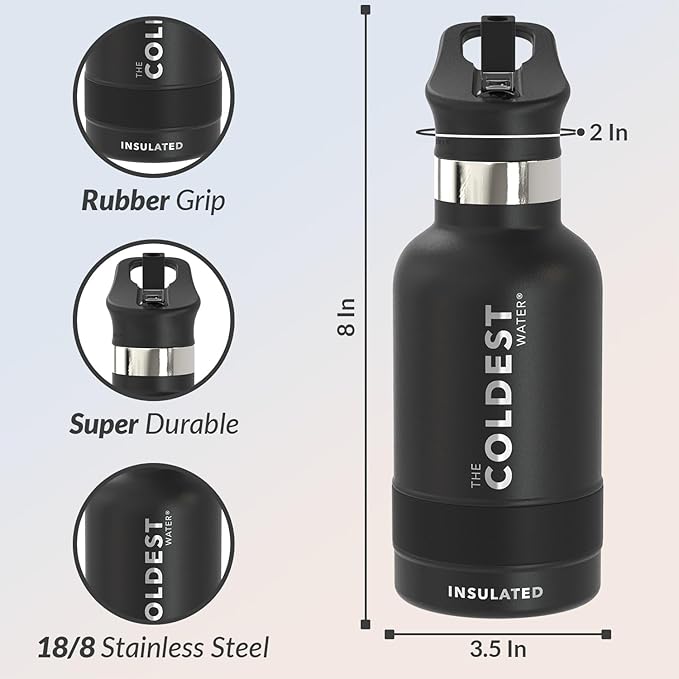 Coldest Insulated Water Bottle with Straw Lid - Stainless Steel Metal Insulated Bottle for Men & Women (Stealth Black, 12 oz)
