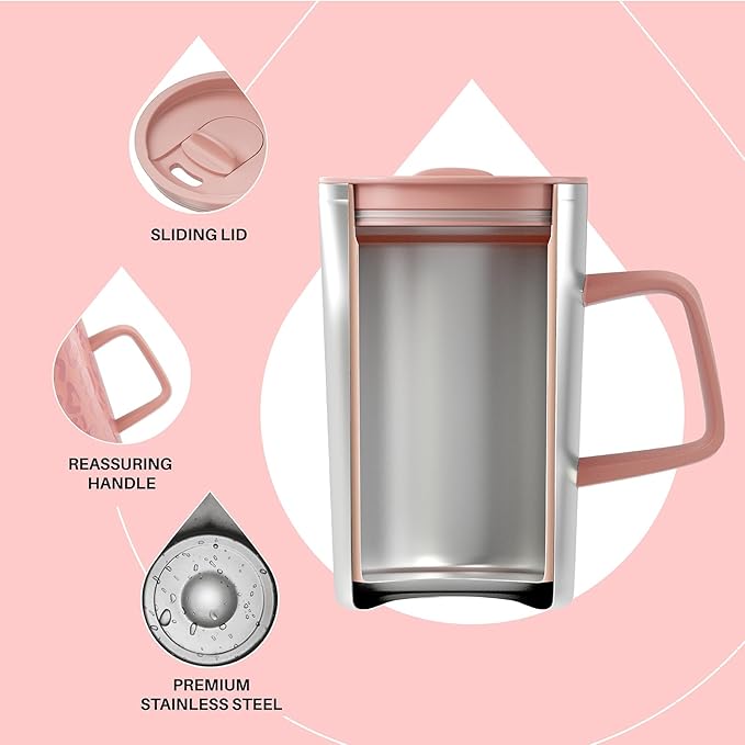 Ideus Vacuum Insulated Coffee Mug, 16oz Reusable Stainless Steel Thermal Double Walled cup with Handle and Slider Lid for Hot & Cold Beverages, BPA Free (Leapord Pink)