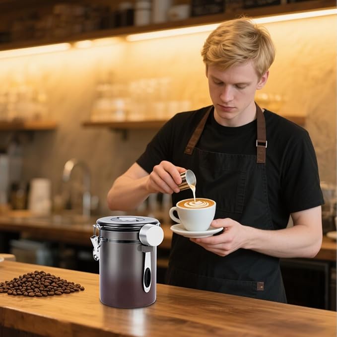 Coffee Canister Airtight Storage Container Stainless Steel Coffee Jar with Scoop,Date Tracker CO2 Release Valve for Dry Food Beans Ground Tea Flour Cereal and Sugar (1.8L Grey-Brown With Spoon)