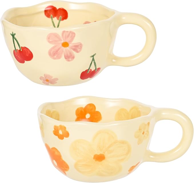 Ceramic Coffee Mug Set of 2 Vintage Flower Mugs 8 oz Cute Floral Coffee Mugs Irregular Latte Art Cup Lead-free Porcelain Cups for Cappuccino, Cocoa (Pink Cherry and Orange Flower)