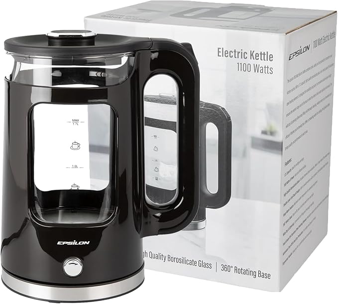 Epsilon 1.7L Glass Electric Kettle – Hot Water Tea Kettle with LED Light, Stainless Steel & Borosilicate Glass, Auto Shut-Off, BPA-Free Electric Teapot, 1500W Fast Boil, Cool Touch