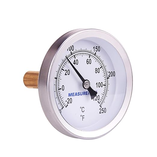 MEASUREMAN Hot Water Bi-Metal Thermometer, 2-1/2" Dial, 1-3/4" Lead-Free Brass Stem, Range 0-250 deg F/-20-120 deg C, 2% Accuracy, Adjustable, 1/2" NPT Back Mount