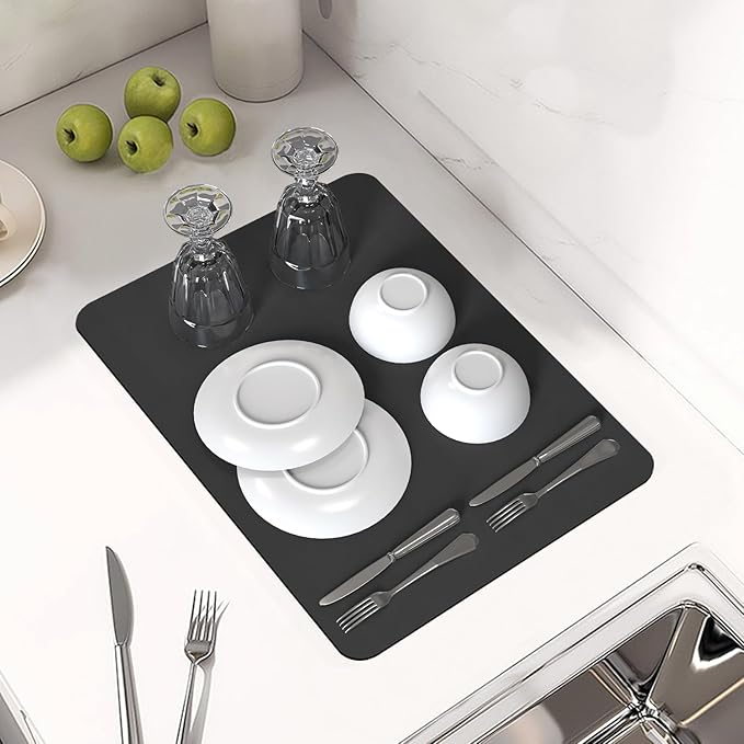 PoYang 17"x12" Coffee Mat Small, Coffee Bar Accessories for Countertop, Absorbent Dish Drying Mat, Anti-Slip and Hide Stain Pad for Espresso Machine, Espresso Maker and Kitchen Counter, Black