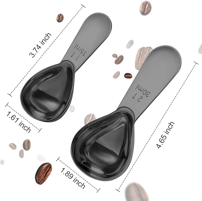 Stainless steel coffee scoop 2-piece set (1 tbsp, 2 tbsp) durable Tablespoon, ergonomic measuring spoon, Suitable for small and large jars，short-handled spoon (Black)