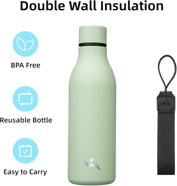 Insulated Water Bottle with Strap,18 oz Double Wall Stainless Steel Vacuum Bottles Metal Water Flask,Macaron Green