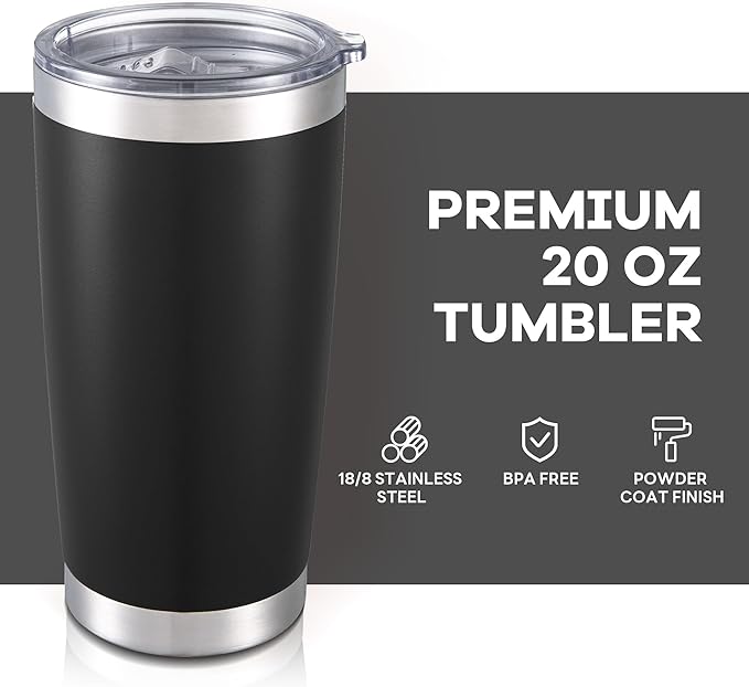 20 oz Tumbler with Lid Stainless Steel Insulated Tumblers Bulk Double Wall Vacuum Cups Powder Coated Travel Mug Keep Drinks Cold and Hot, Black, 12 Pack