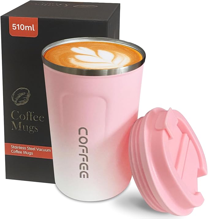 YINBAOGE Insulated Travel Coffee Mug Spill Proof Leak Proof Pobtable To Go Camping Stainless Steel Coffee Tumbler Reusable Coffee Cups with Lids Thermos for Hot and Cold Drink (2nd-Pink White, 17 OZ)