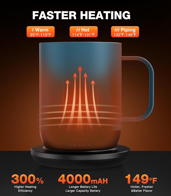 Self Heating Coffee Mug T1-16oz Fast Heating & Ultra Long-Lasting Battery Life, Heated Coffee Mug Up to 149℉ - Touch & App Controlled Coffee Mug, Birthday Gifts for Women and Men