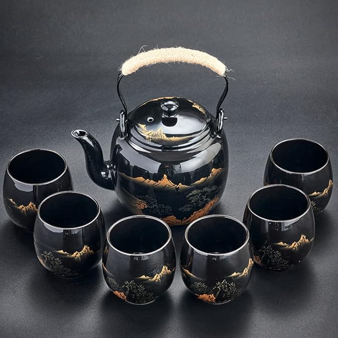 Japanese Tea Set, Black Glazed Tea Set in Gift Box With 1 Teapot, 1 Tea Strainer, 1 Tea Tray and 6 Tea Cups. Ideal Tea Set for Office Home, Asian Tea Sets for Tea Lovers(Landscape Black and Black Cup)
