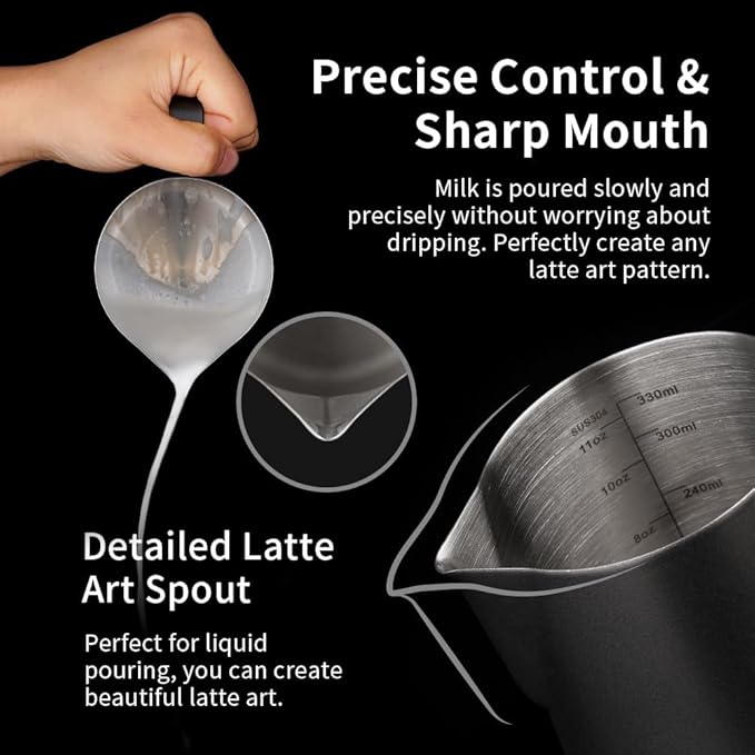 watchget Milk Frothing Pitcher 350ml/600ml/900ml/1500ml (12oz/20oz/32oz/52oz) - Stainless Steel Espresso Steaming Pitcher for Cappuccino, Latte Art, Milk Jug Coffee Frother Cup, Black