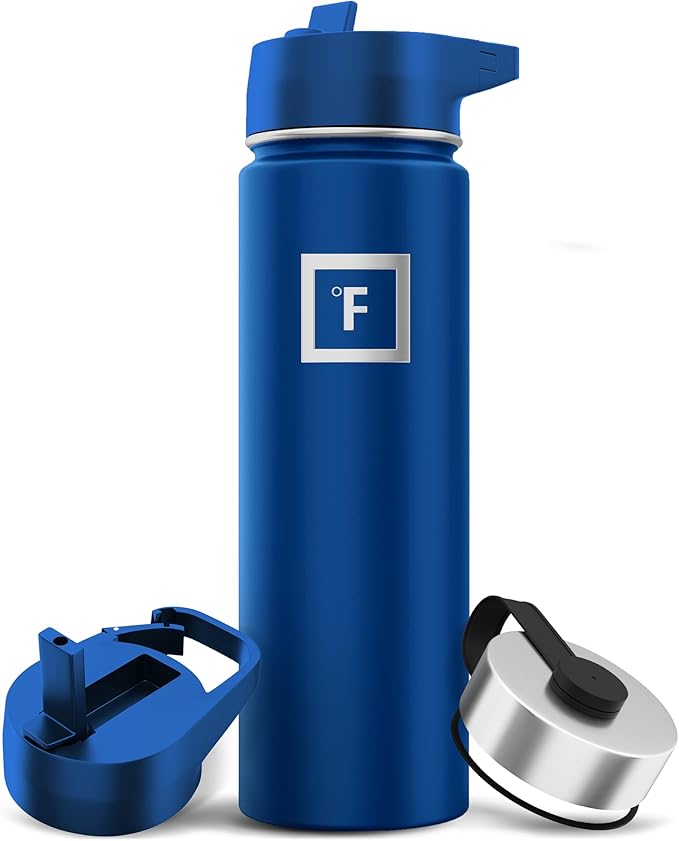 IRON °FLASK Camping & Hiking Hydration Flask with 3 Lids - Stainless Steel, Double Walled & Vacuum Insulated Water Bottle - Leak Proof & BPA Free (Cobalt, Straw - 22 oz)