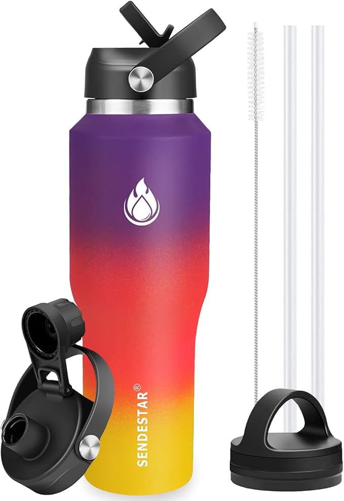 SENDESTAR 40oz Water Bottle Wide Mouth Stainless Steel Vacuum Insulated Double Wall with 2 Straw Lids Fit in Any Car Cup Holder