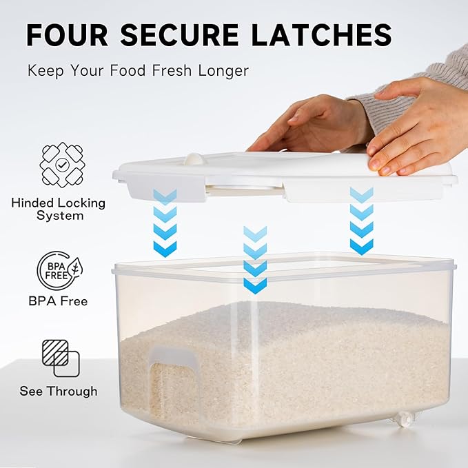 10 lbs Cereal Containers Storage - Airtight Flour Storage Container with Lids & 10 lbs Rice Dispenser, BPA Free Pantry Containers for Sugar and Cereal, White