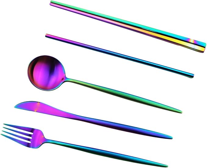 Gugrida Reusable Travel Utensils, 7 Piece Portable 304 Stainless Steel including Knife Fork Spoon Chopsticks Cleaning Brush Straws Portable Pouch, Eco-friendly Camping Silverware Set, Dishwasher Safe