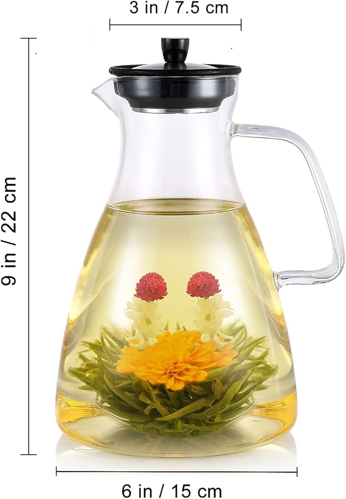 Teabloom Extra-Large Multi-Brew Glass Teapot + Kettle + Pitcher (68 OZ / 2.0 L / 8 CUPS) – For Hot Tea, Iced Tea, Cold Brew Tea and Fruit Infused Water – Volume Markings For Precise Brewing