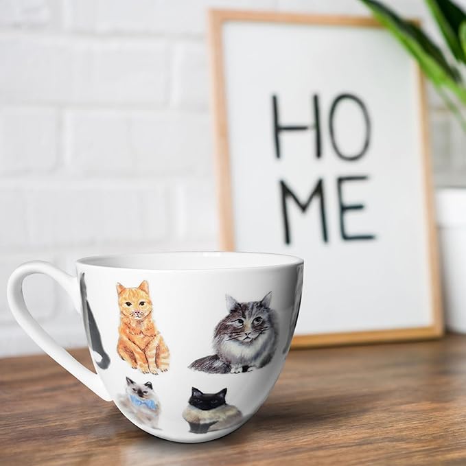 Cute Cat Mugs for Daily Coffee and Tea, Premium 20 oz Bone China Coffee Tea Hug Mug, Perfect Holiday and Birthday Gift for Cat Lovers, Designed in England by Harvest Green Studio