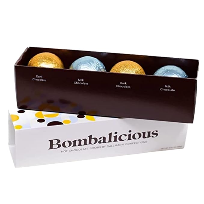 Dallmann Confections Bombalicious Hot Chocolate Bombs - Gourmet Belgian Chocolate Bombs With Mini Marshmallows - Milk & Dark Chocolate | Ideal Gift Theme for Birthday | Parties | New Year (Pack of 4)