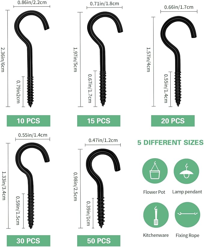 125 Pcs Screw Hooks in 5 Sizes – Cup Hooks for Hanging Plants, Mugs, Lights, and Ceiling Storage (Black)