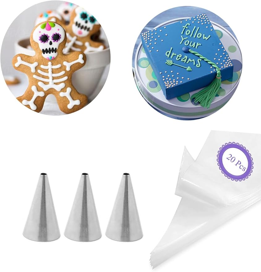 #4 Piping Tip and Bag Set – 3 Round Decorating Tips & 20 Disposable 8-Inch Bags for Writing, Outlines, Dots & Detail Work