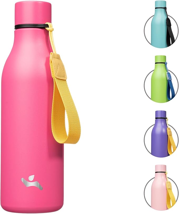 Insulated Water Bottle with Strap,18 oz Double Wall Stainless Steel Vacuum Bottles Metal Water Flask,Pink