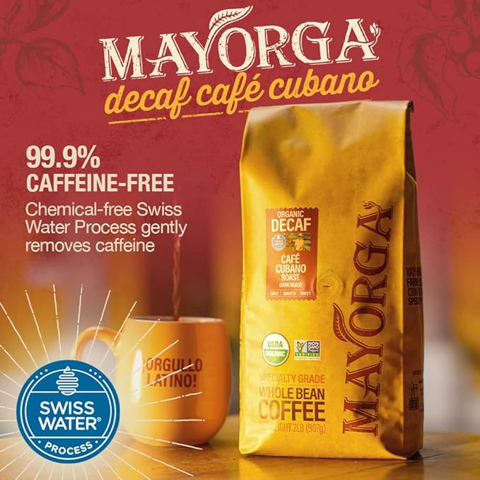 Mayorga Decaf Dark Roast 5lb Bag Cafe Swiss Water Decaffeinated Cubano Roast 100% Arabica Whole Coffee Beans - Smoothest Organic Coffee - Specialty Grade, Non-GMO, Direct Trade