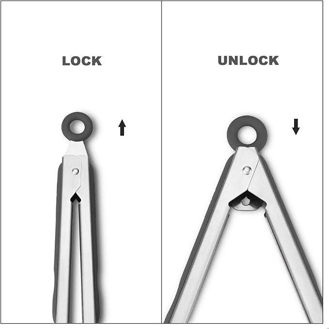 304 Stainless Steel Kitchen Cooking Tongs, 9" and 12" Set of 2 Sturdy Grilling Barbeque Brushed Locking Food Tongs with Ergonomic Grip, Grey