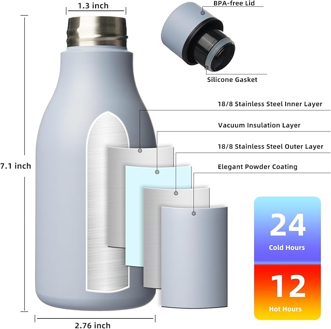 BJPKPK Insulated Water Bottles, 12oz Stainless Steel Metal Water Bottle with Strap, BPA Free Leak Proof Thermos, Mugs, Flasks, Reusable Water Bottle for Sports & Travel, Mist Grey