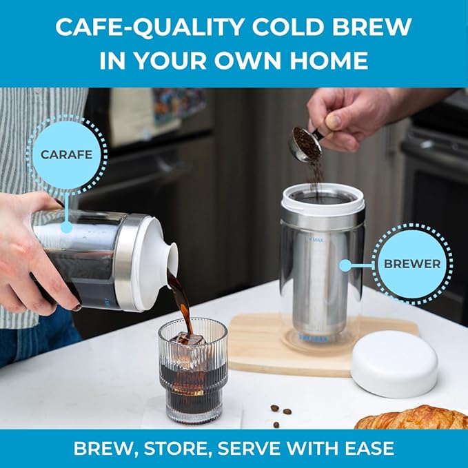 Cold Brew Coffee Maker Set (Brewer & Carafe), Up to 12 Servings of Concentrate, Reusable Stainless Steel Dual Filter, Durable Borosilicate Glass & Spill-Proof Pouring Spout, 16.9 fl oz / 500ml