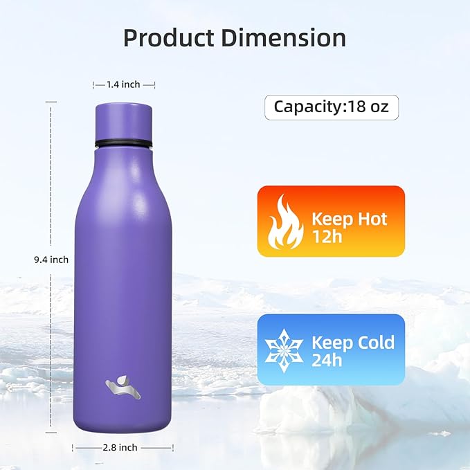 Insulated Water Bottle with Strap,18 oz Double Wall Stainless Steel Vacuum Bottles Metal Water Flask,Purple